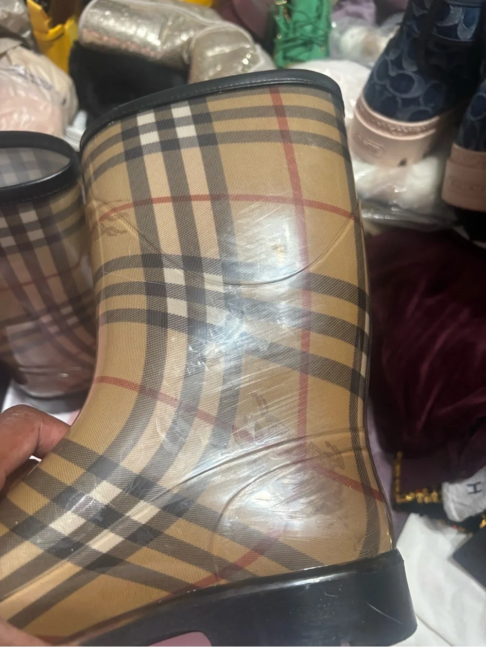 Burberry Classic Check Rubber Ankle Rain Boots in Beige/Tan